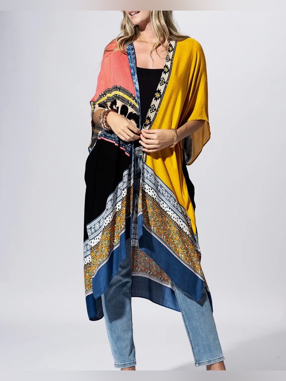 Colorblock Printed Kimono Jacket - Yellow, Coral & Blue